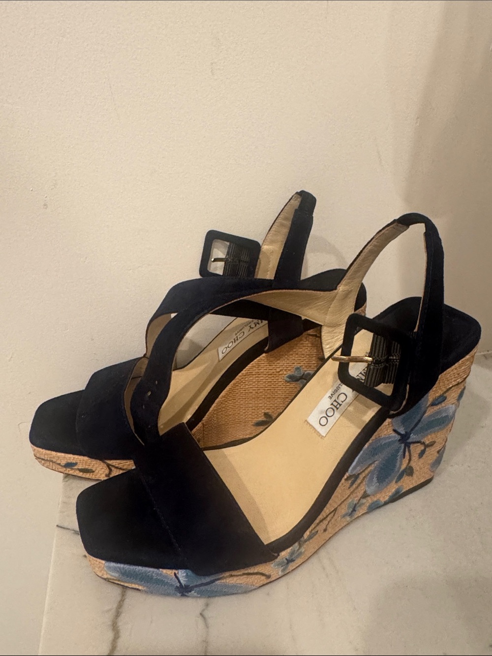Jimmy Choo Blue  Suede Floral Espadrille Wedge Sandals size 9